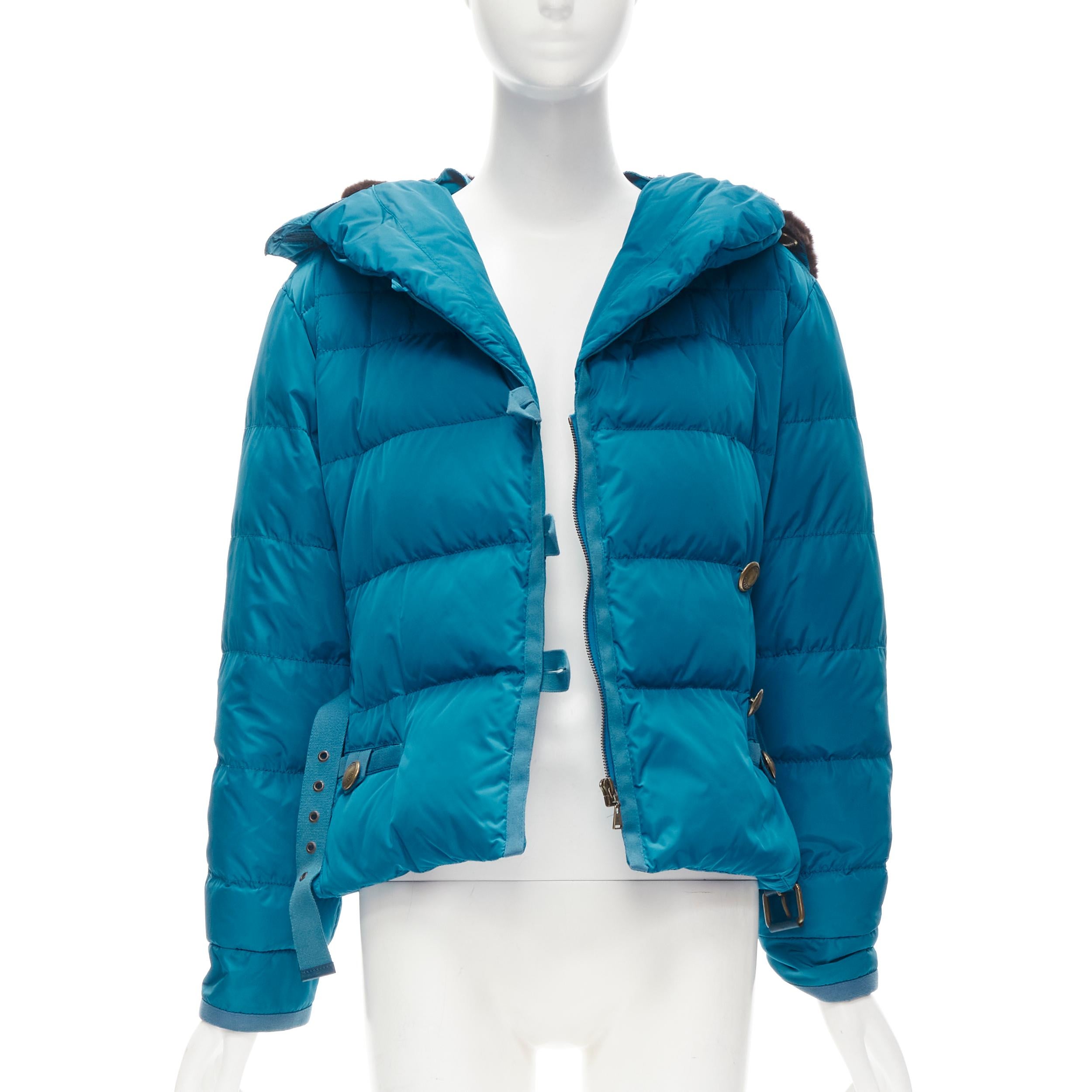 LOUIS VUITTON blue Real Goose down fur lined hood belted puffer jacket FR34 XS In Good Condition In Hong Kong, NT