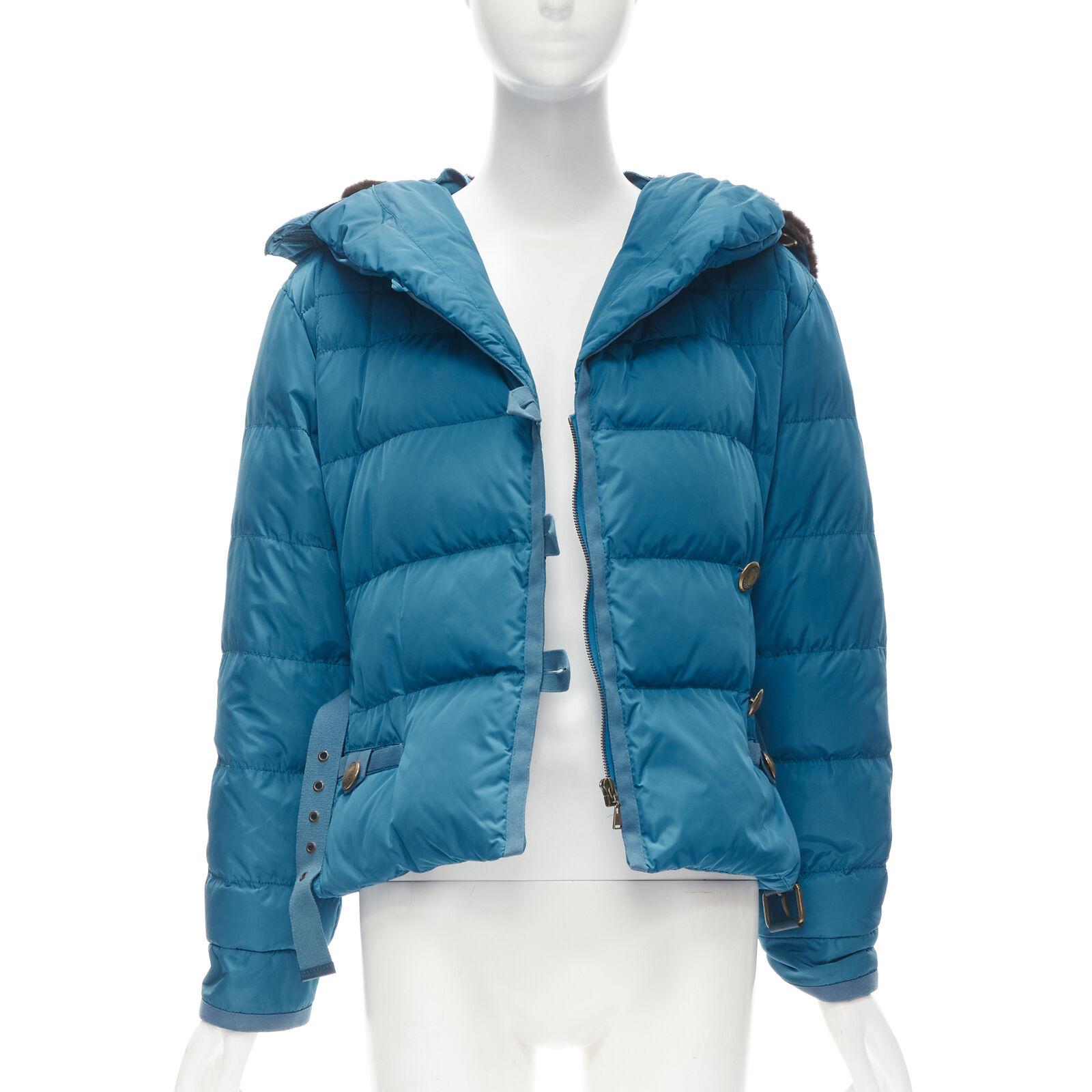 LOUIS VUITTON blue Real Goose down fur lined hood belted puffer jacket FR34 XS In Good Condition For Sale In Hong Kong, NT