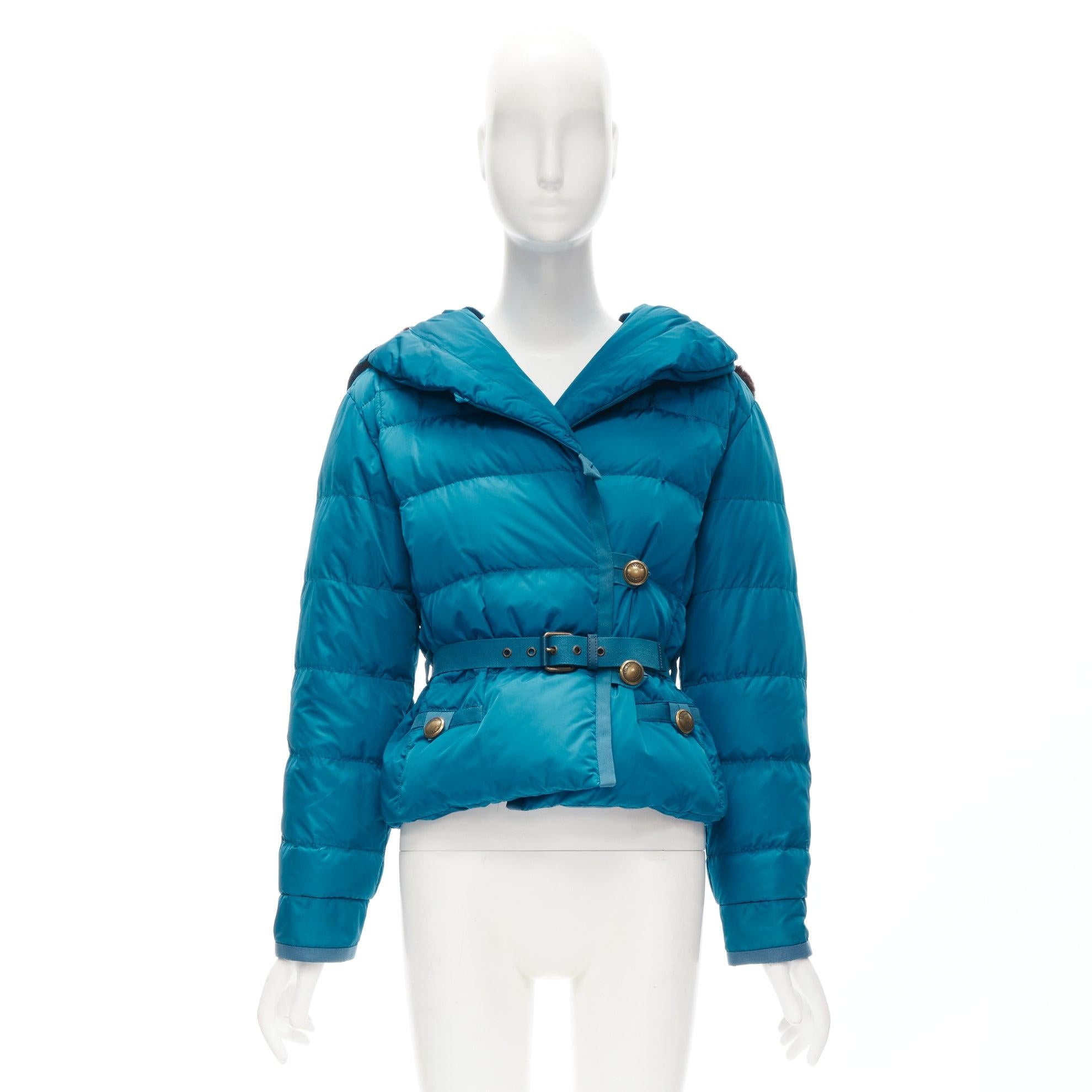 Blue LOUIS VUITTON blue Real Goose down fur lined hood belted puffer jacket FR34 XS