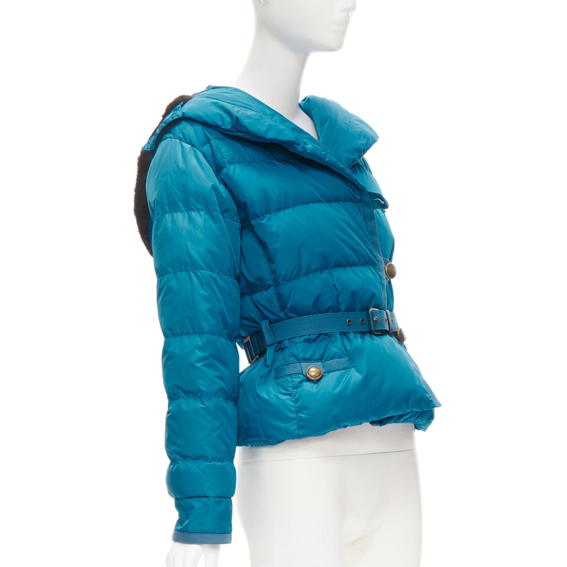 LOUIS VUITTON blue Real Goose down fur lined hood belted puffer jacket FR34 XS In Good Condition In Hong Kong, NT