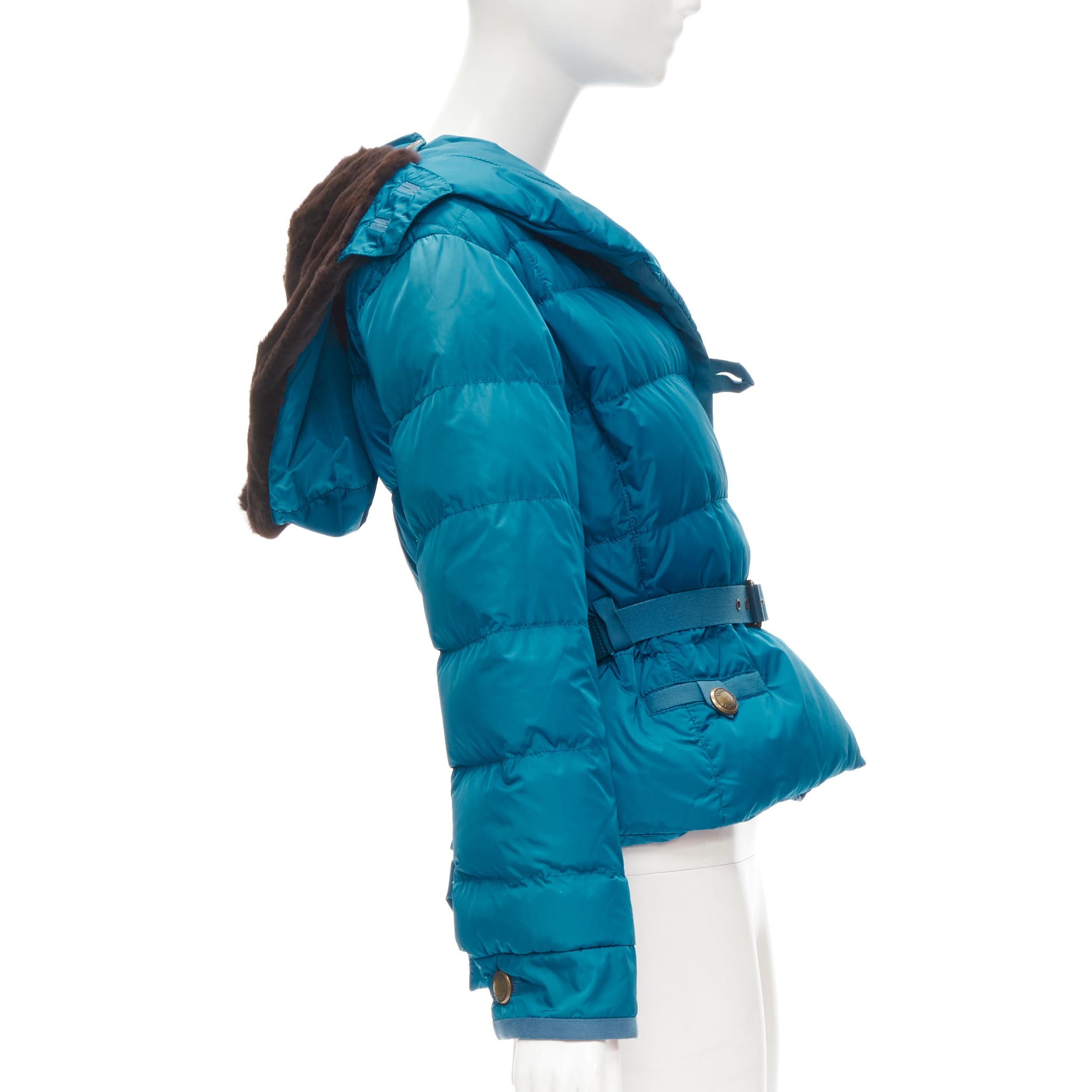 LOUIS VUITTON blue Real Goose down fur lined hood belted puffer jacket FR34 XS 1