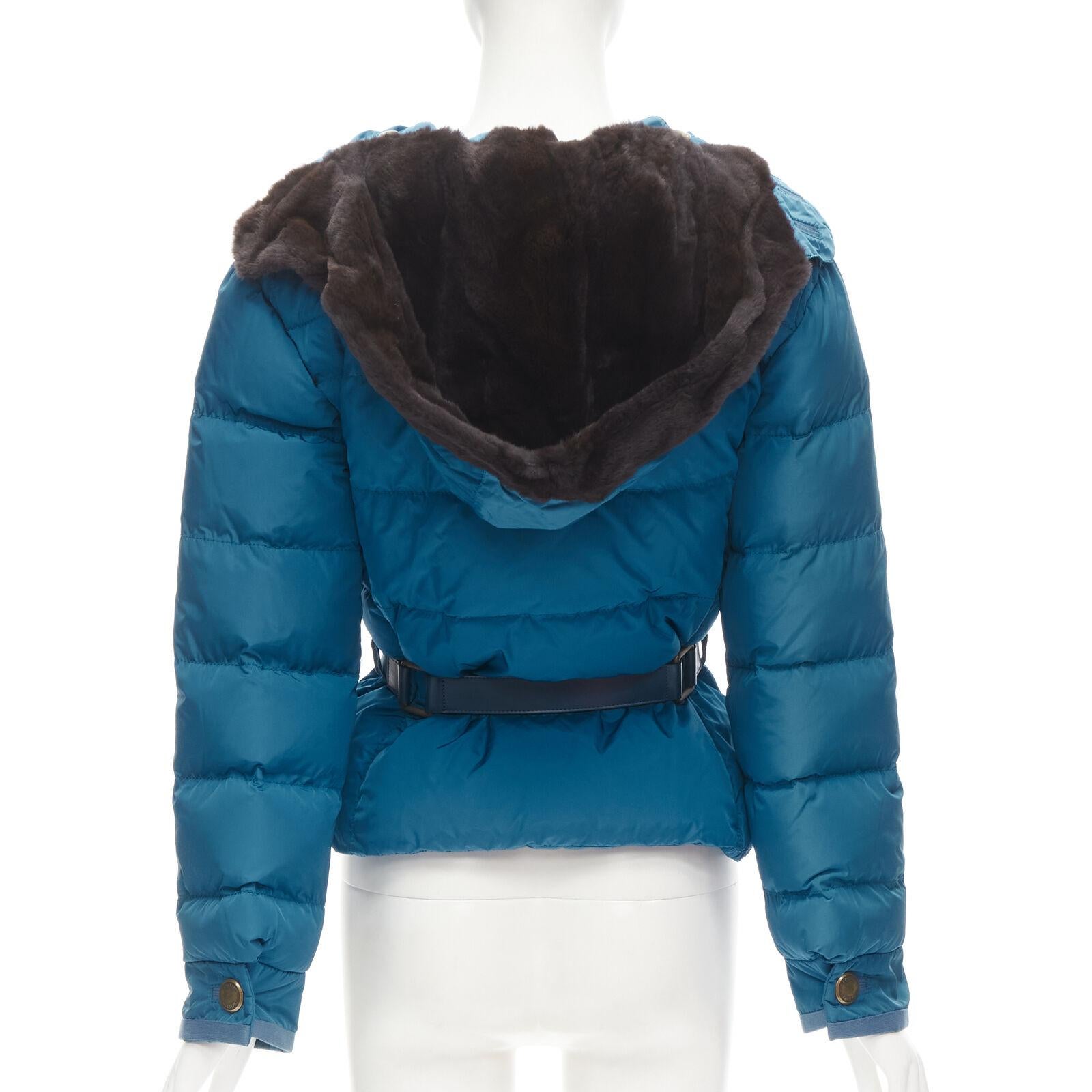 LOUIS VUITTON blue Real Goose down fur lined hood belted puffer jacket FR34 XS For Sale 2