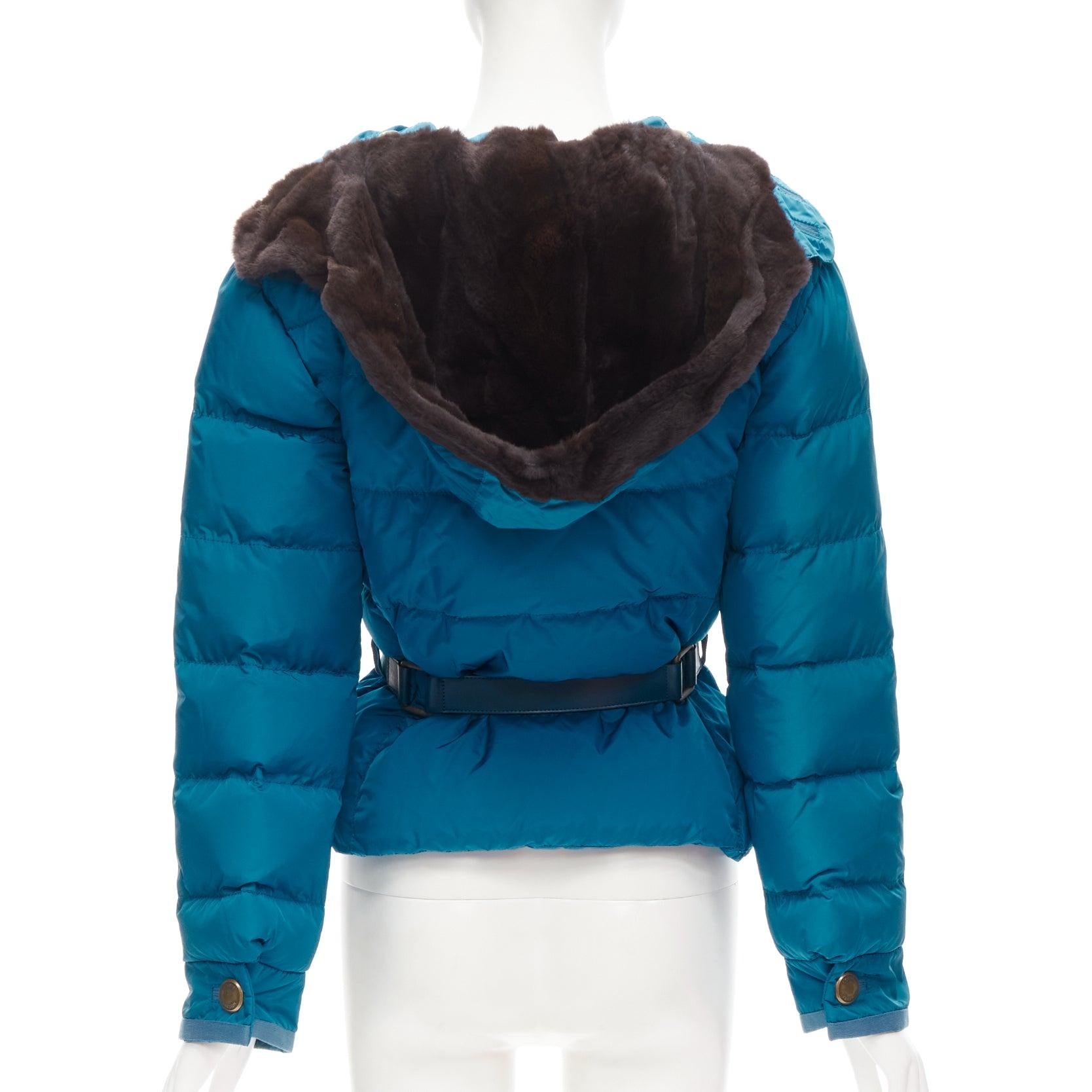 LOUIS VUITTON blue Real Goose down fur lined hood belted puffer jacket FR34 XS 1
