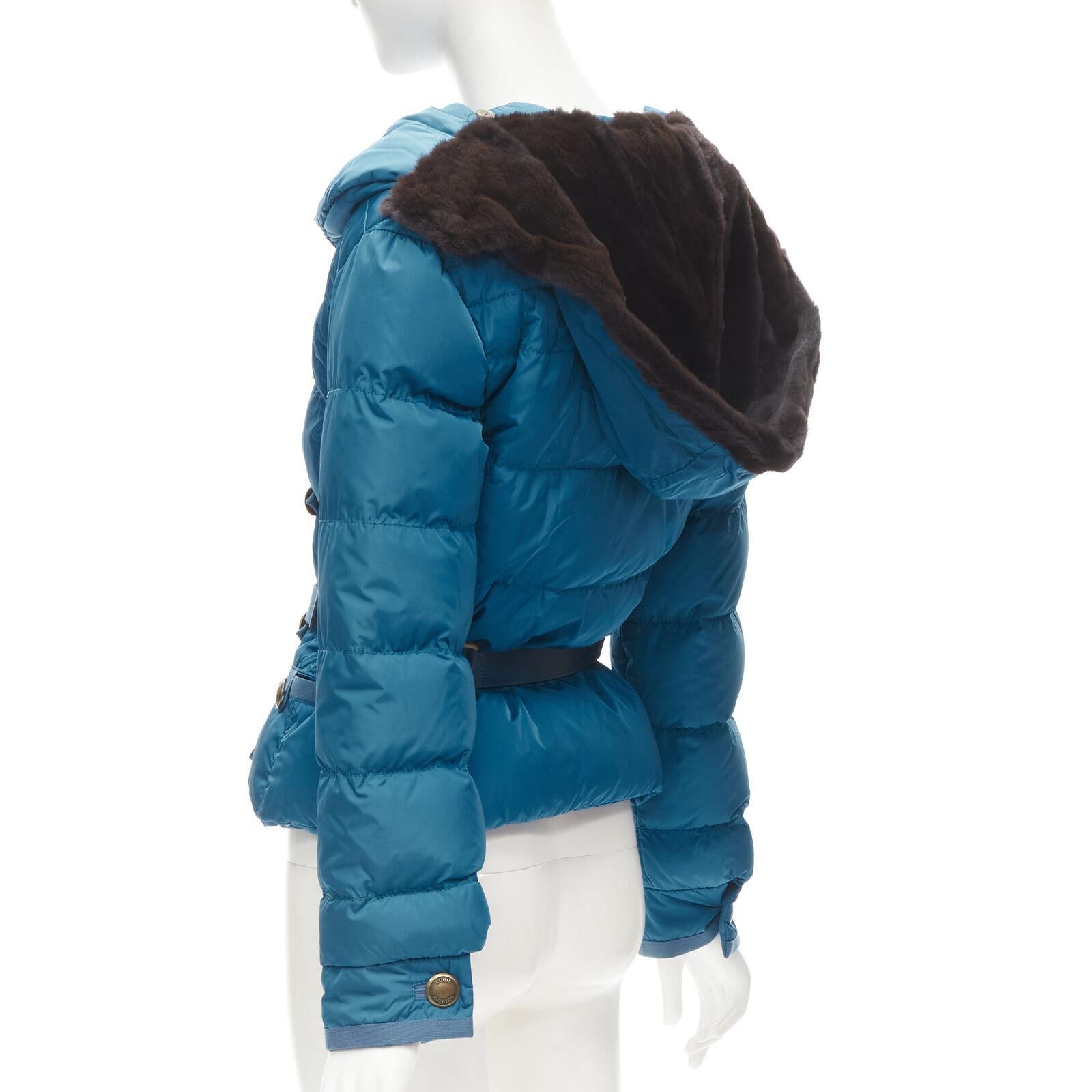 LOUIS VUITTON blue Real Goose down fur lined hood belted puffer jacket FR34 XS For Sale 3