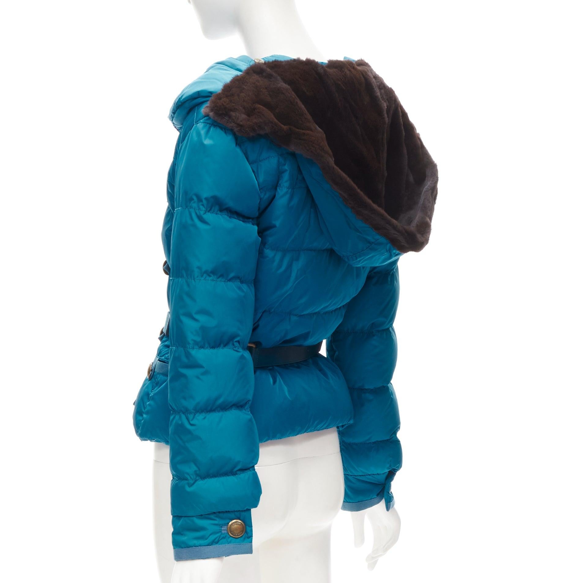 LOUIS VUITTON blue Real Goose down fur lined hood belted puffer jacket FR34 XS 2