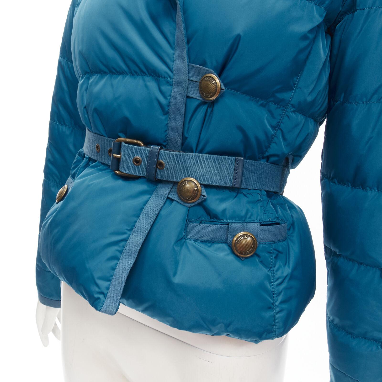LOUIS VUITTON blue Real Goose down fur lined hood belted puffer jacket FR34 XS For Sale 4