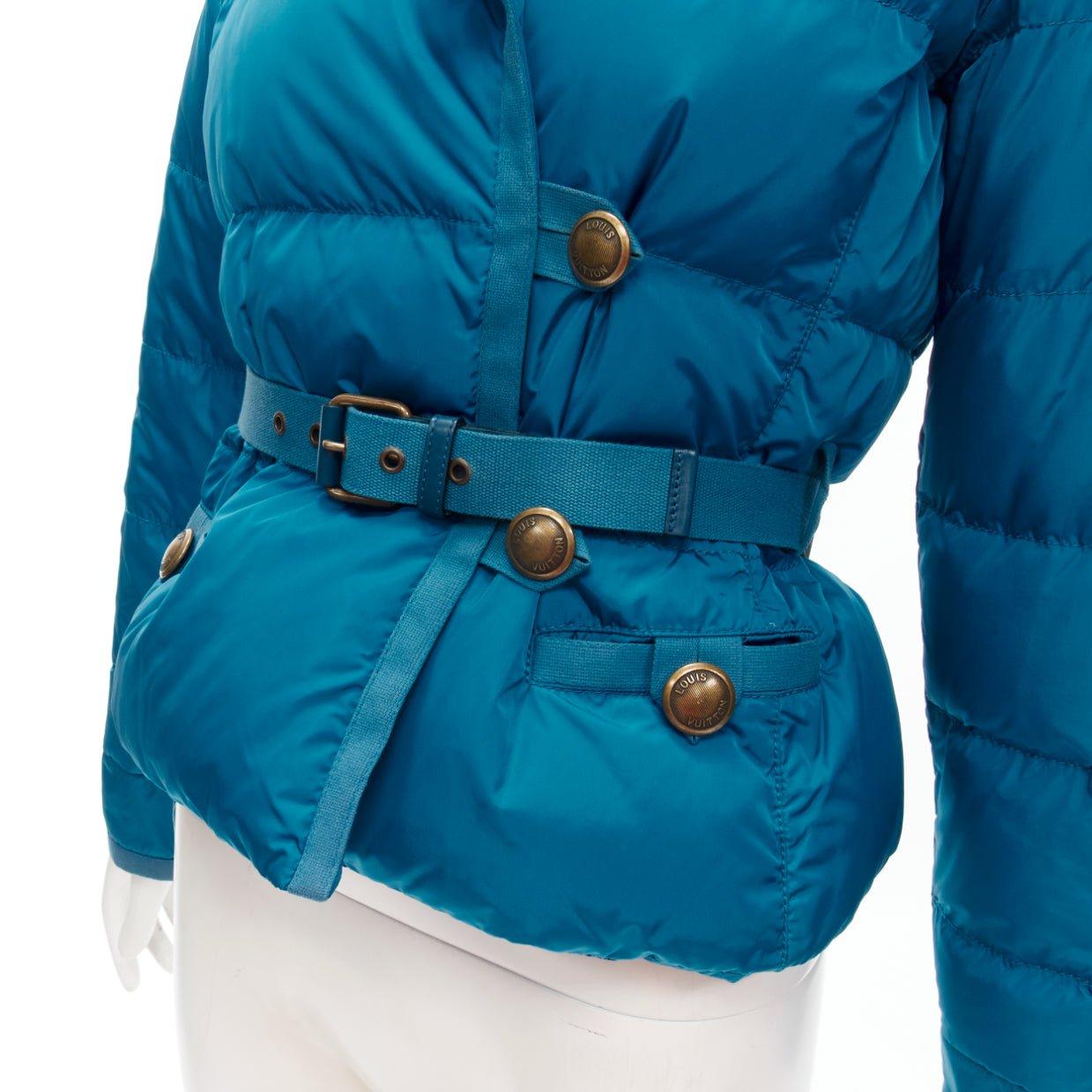 LOUIS VUITTON blue Real Goose down fur lined hood belted puffer jacket FR34 XS 4