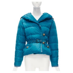 LOUIS VUITTON blue Real Goose down fur lined hood belted puffer jacket FR34 XS