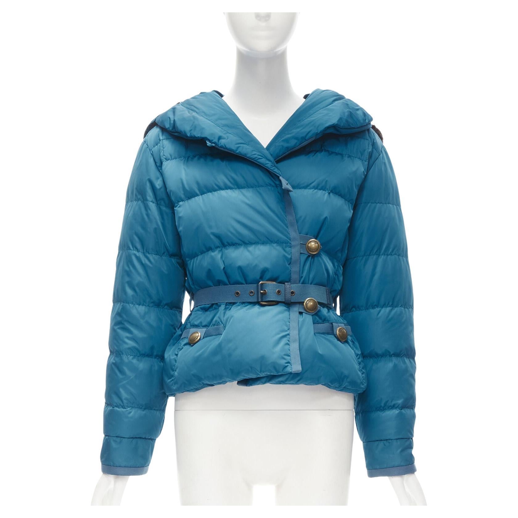 LOUIS VUITTON blue Real Goose down fur lined hood belted puffer jacket FR34 XS For Sale
