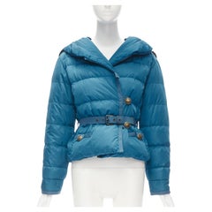 LOUIS VUITTON blue Real Goose down fur lined hood belted puffer jacket FR34 XS