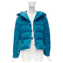 LOUIS VUITTON blue Real Goose down fur lined hood belted puffer jacket FR34 XS