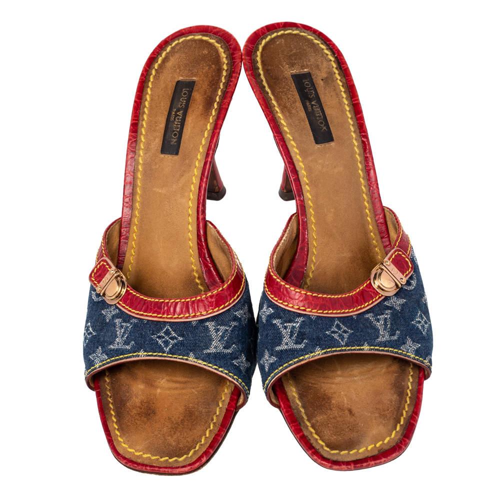 LOUIS VUITTON LV monogram blue denim red bow patent wooden clog sandals  EU36 at 1stDibs