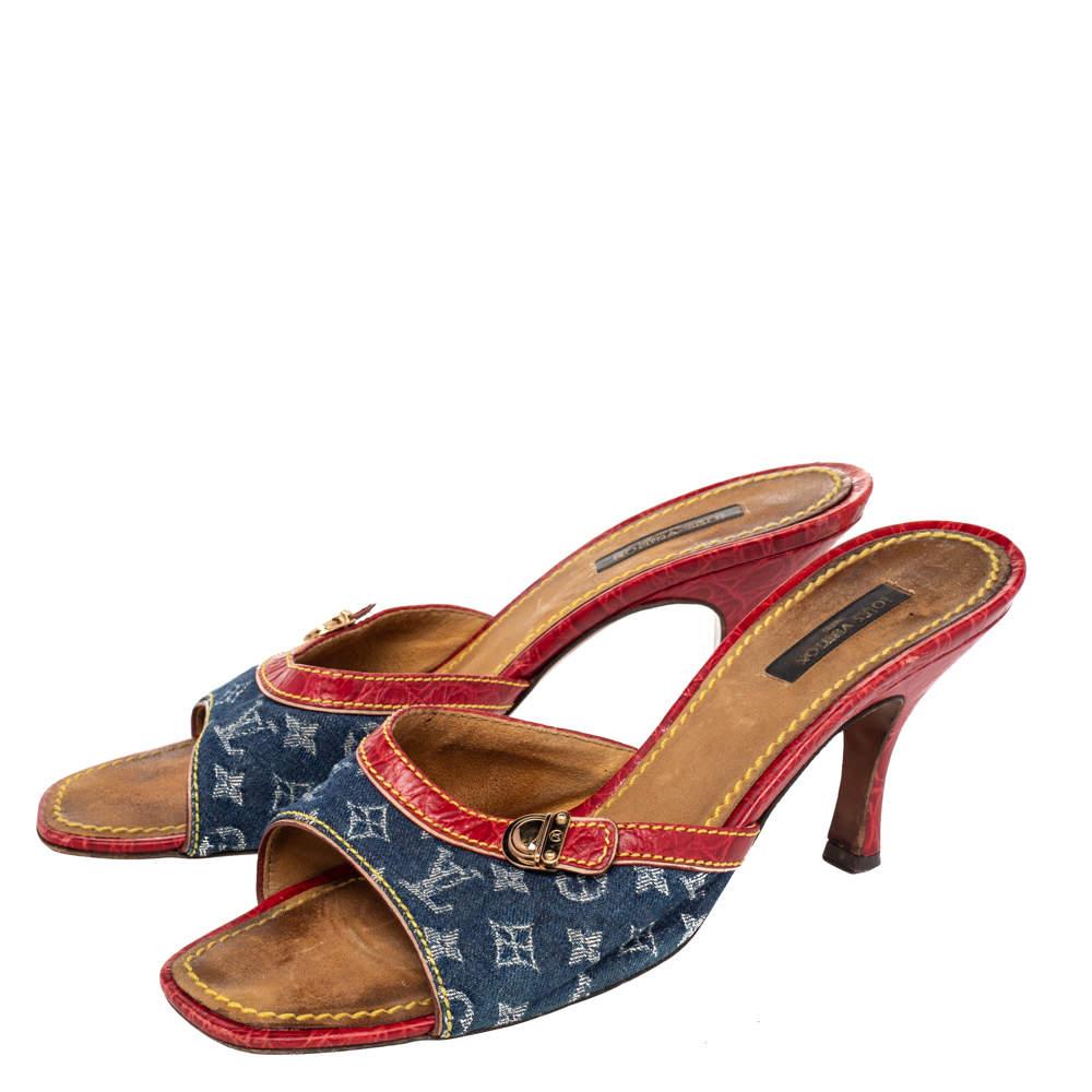 Women's Louis Vuitton Blue/Red Monogram Denim And Leather Sandals Size 38.5