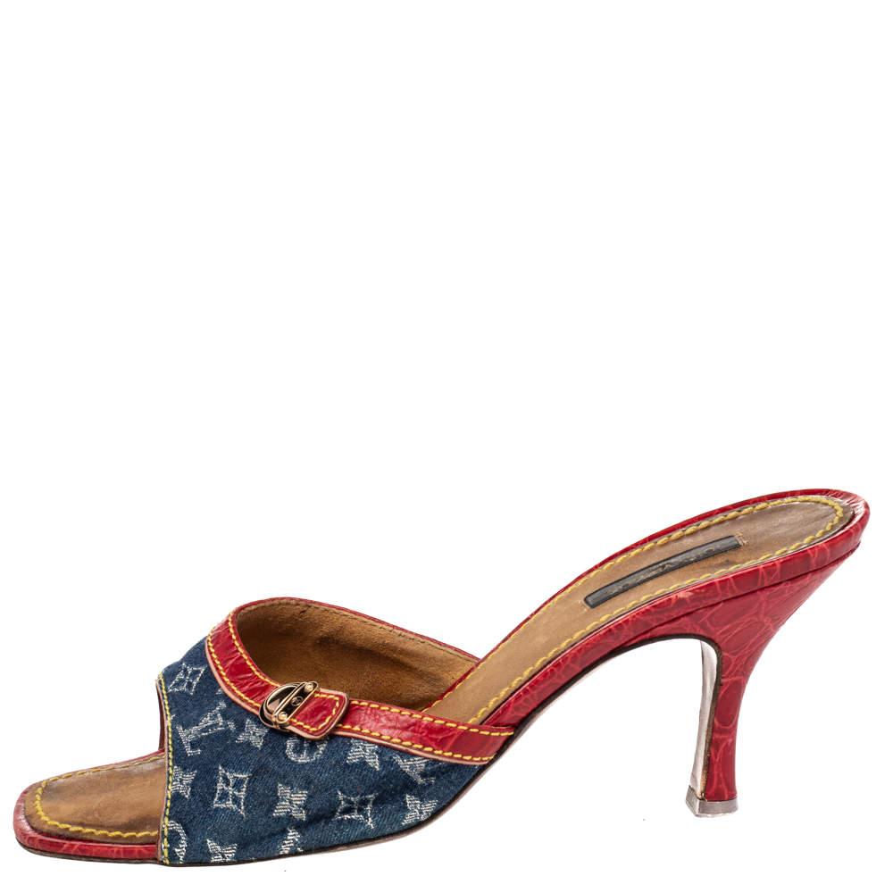 Louis Vuitton Blue/Red Monogram Denim And Leather Sandals Size 38.5 2