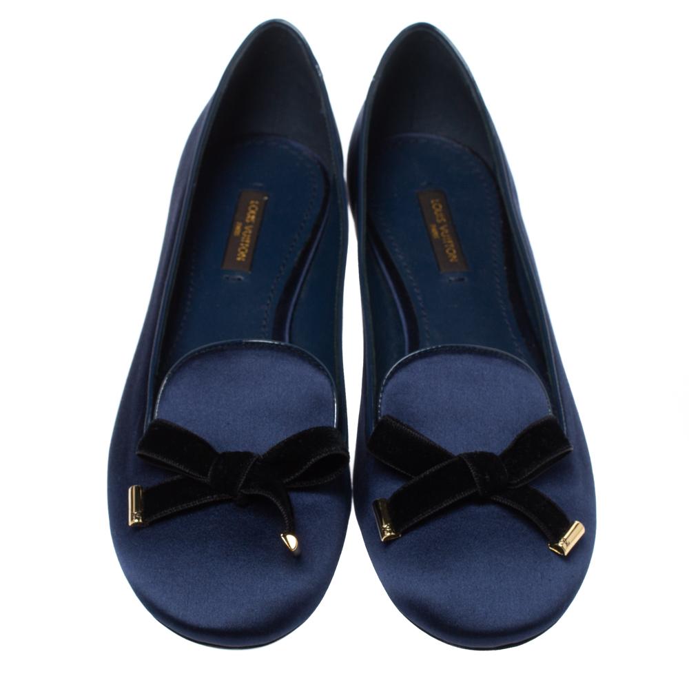 Black Louis Vuitton Blue Satin Cheri Bow Flats Size 37.5