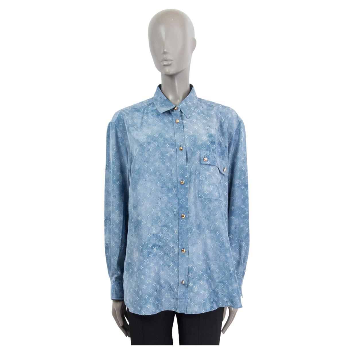 LOUIS VUITTON blue silk MONOGRAM CLOUD MASCULINE Button Up Shirt 42 L For Sale