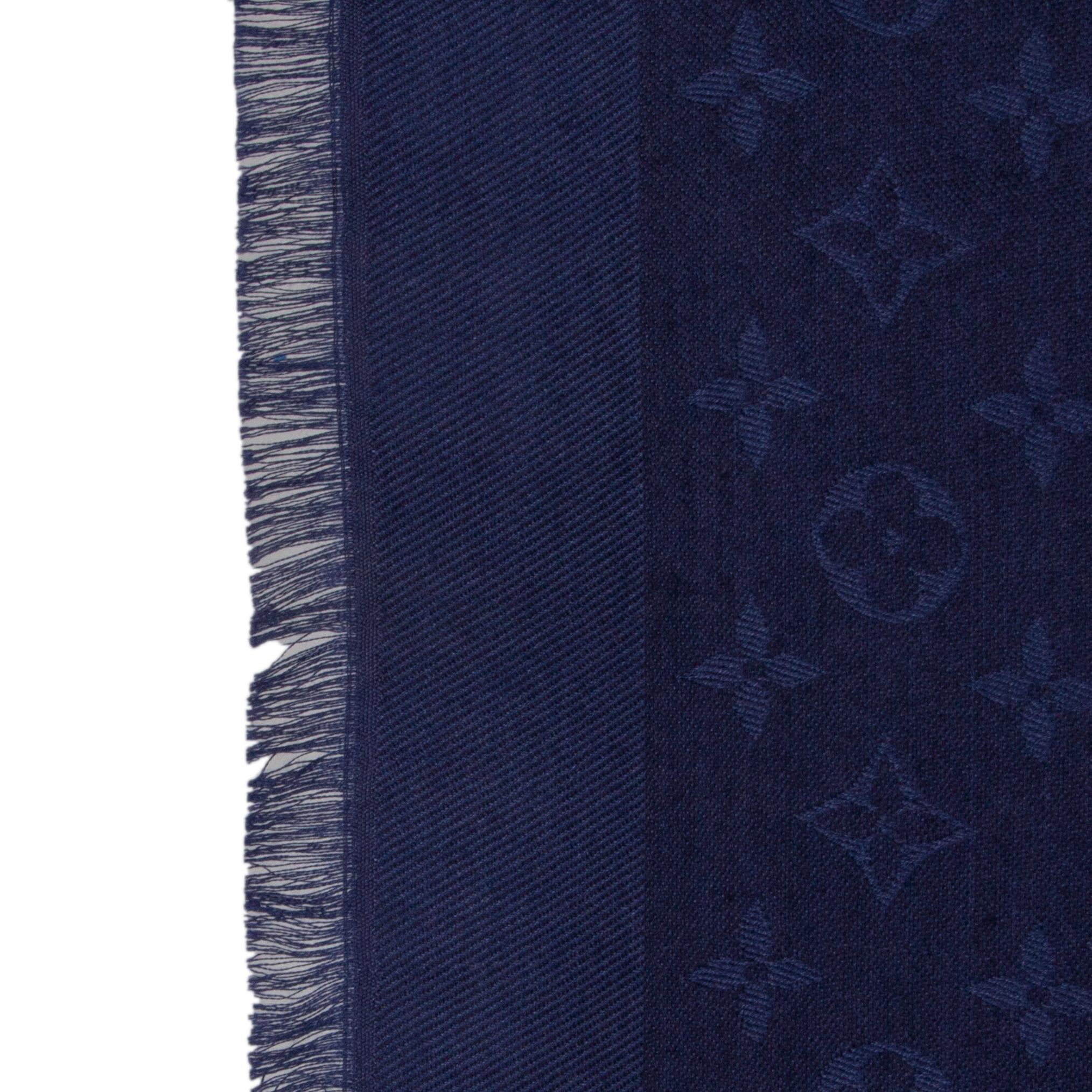 Black LOUIS VUITTON blue silk & wool MONOGRAM Shawl Scarf