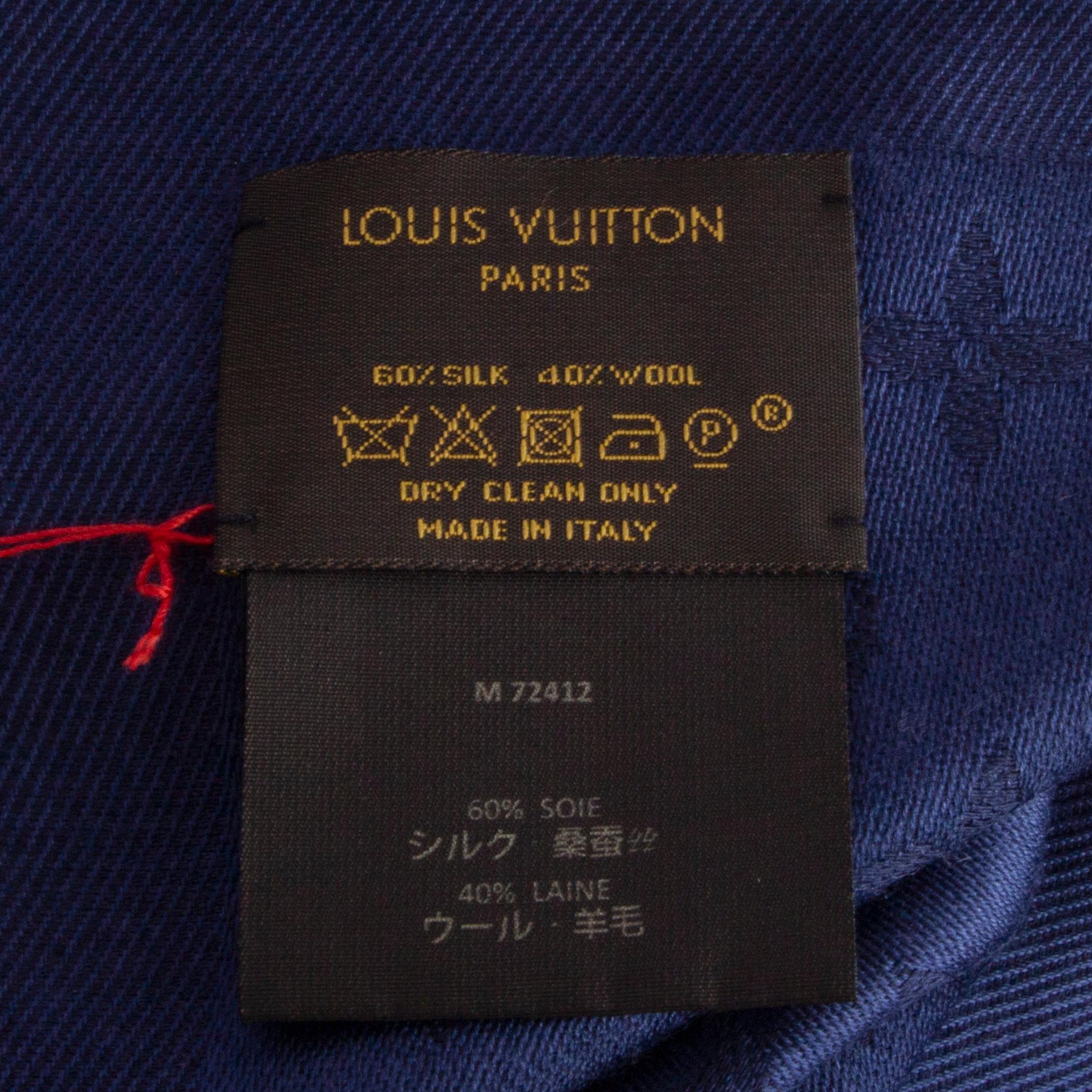 LOUIS VUITTON blue silk & wool MONOGRAM Shawl Scarf In Excellent Condition In Zürich, CH