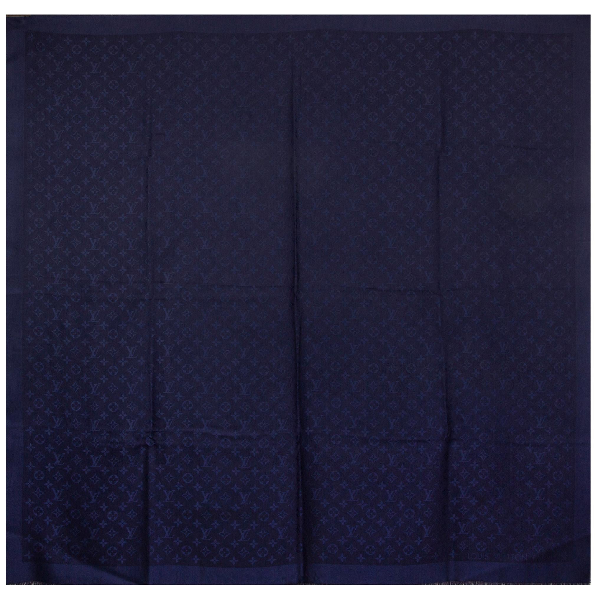 LOUIS VUITTON blue silk & wool MONOGRAM Shawl Scarf