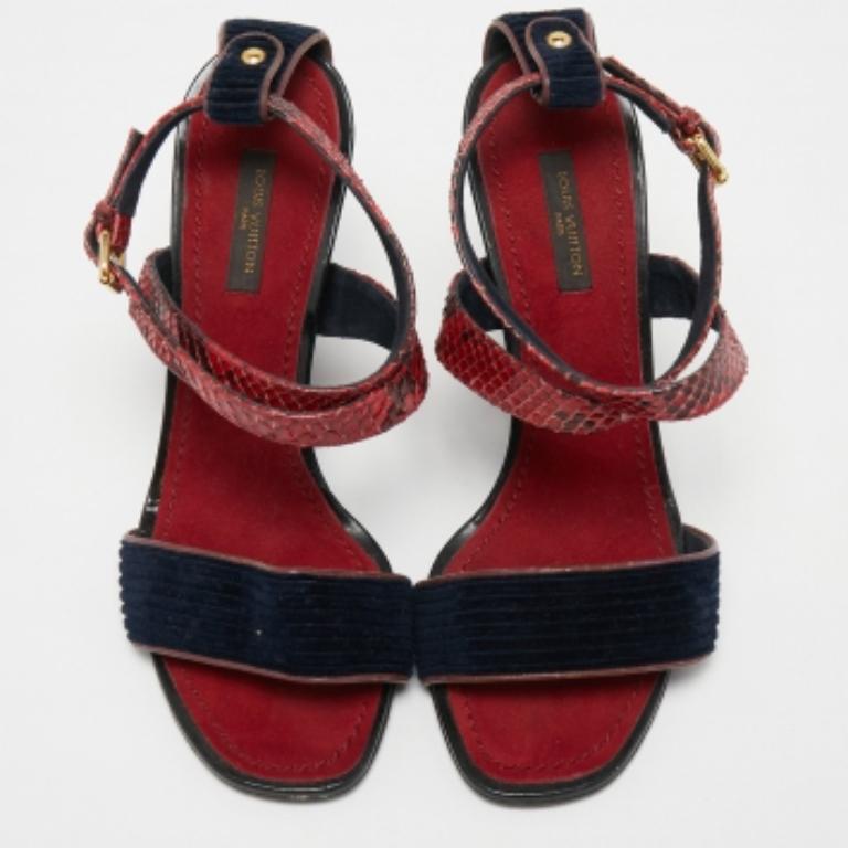 Black Louis Vuitton Blue Snakeskin and Velvet Cross Ankle Strap Wedge Sandals Size 38 For Sale