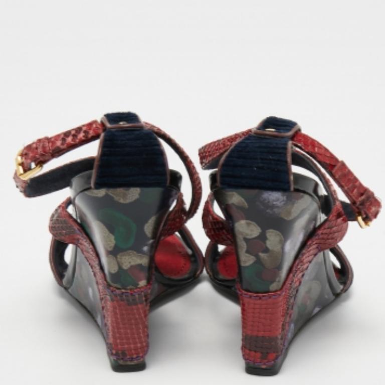 Louis Vuitton Blue Snakeskin and Velvet Cross Ankle Strap Wedge Sandals Size 38 For Sale 1