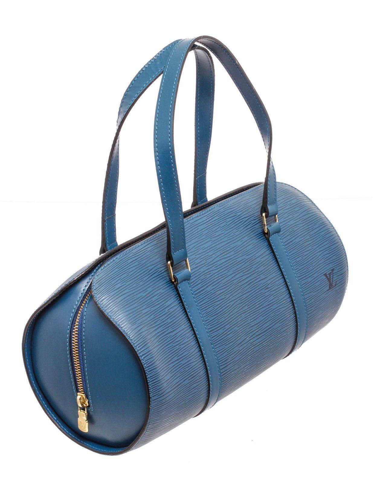 Louis Vuitton Blue Soufflot Shoulder Bag with gold-tone hardware, trim tan vachetta leather, dual top handle, shoulder strap and zipper closure.

26189MSC