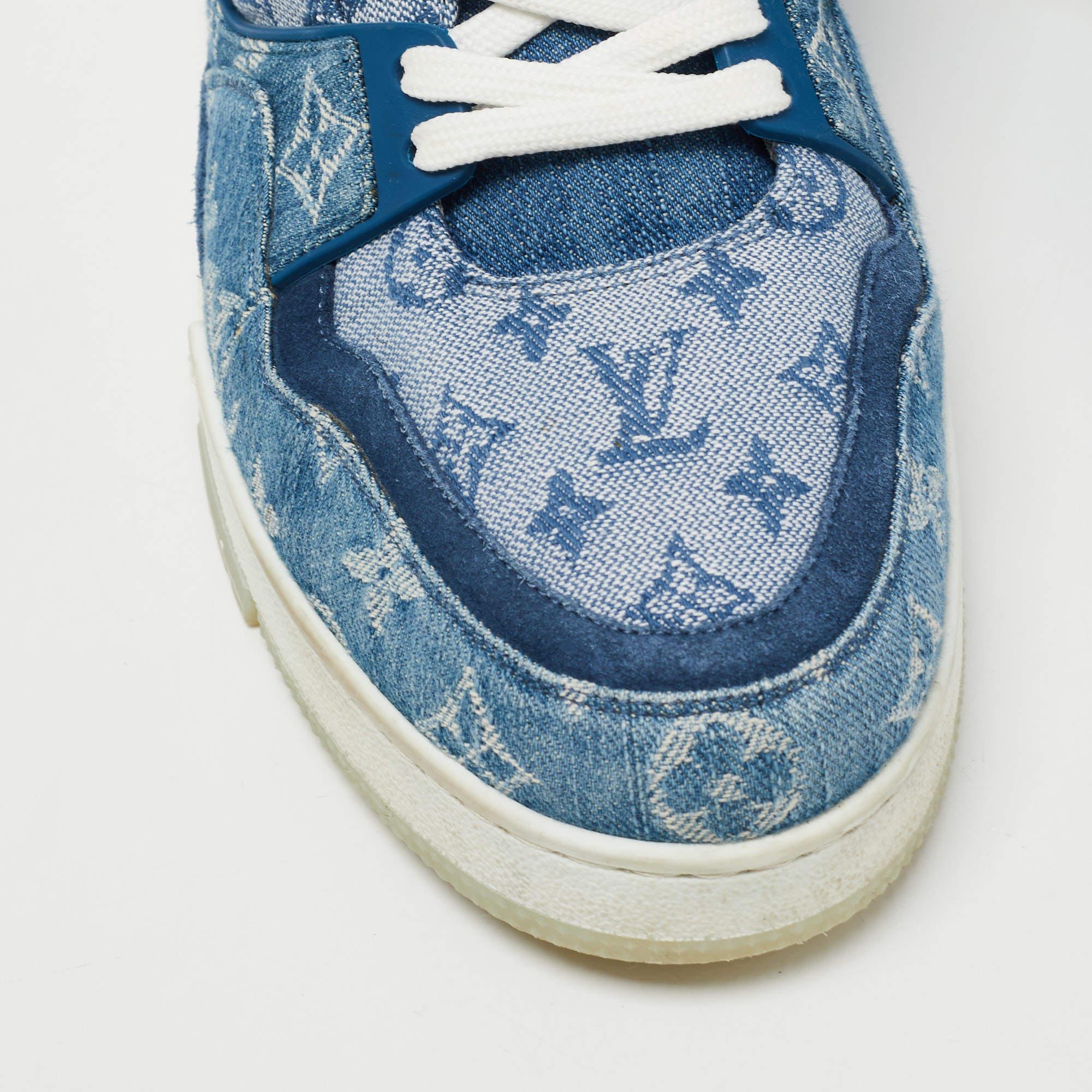 Men's Louis Vuitton Blue Suede and Monogram Denim LV Trainer Sneakers Size 44.5