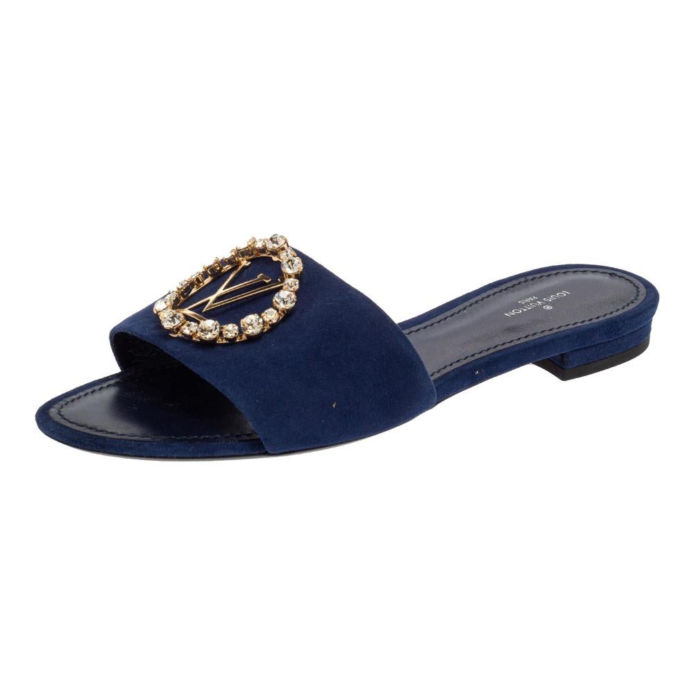 Louis Vuitton Blue Suede Crystal Madeleine Flat Mules Size 37