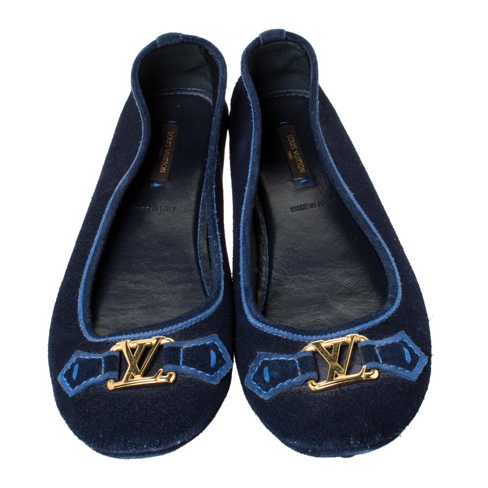 Black Louis Vuitton Blue Suede Leather Logo Ballet Flats Size 39.5