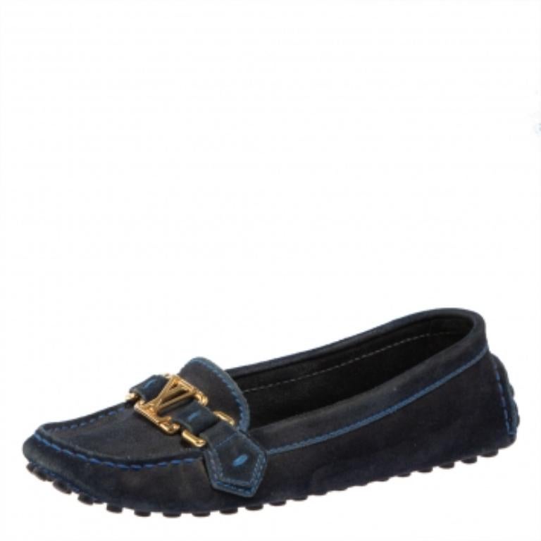 Louis Vuitton Blue Suede Logo Slip On Loafers Size 36.5 In Fair Condition For Sale In Dubai, Al Qouz 2