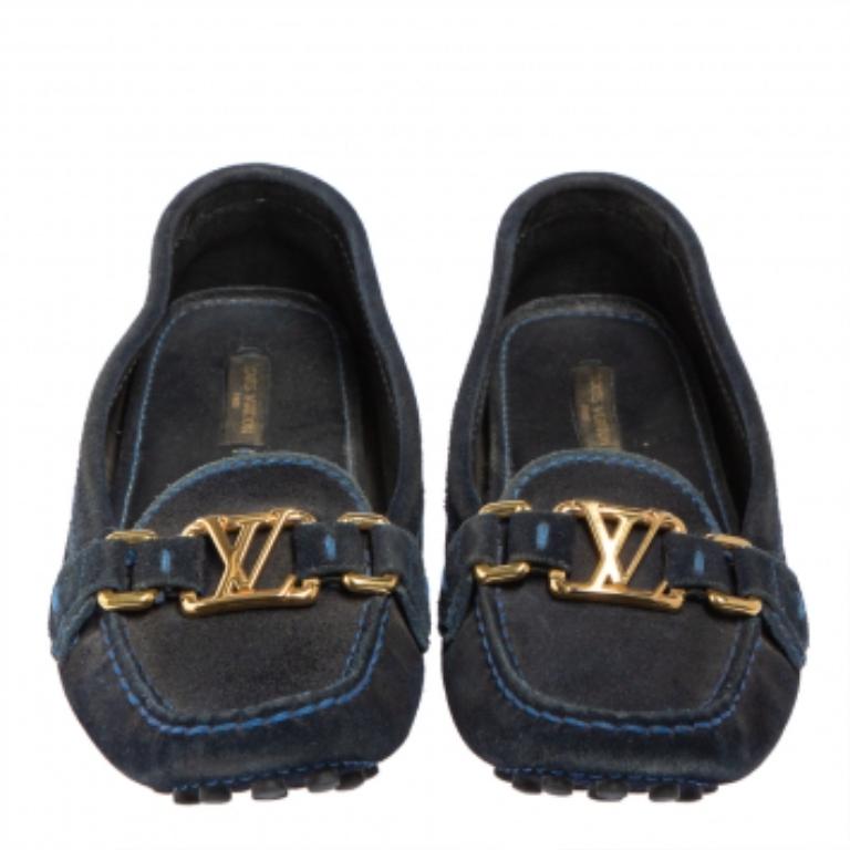 Women's Louis Vuitton Blue Suede Logo Slip On Loafers Size 36.5 For Sale