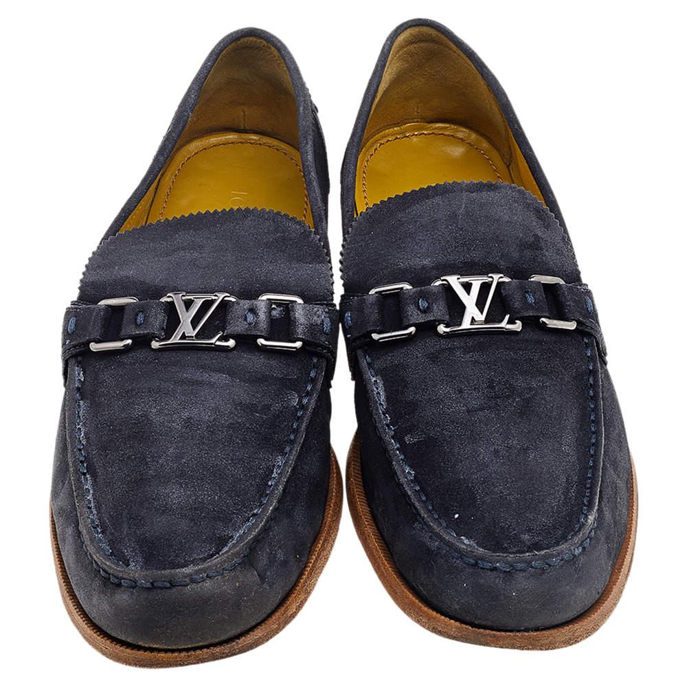Men's Louis Vuitton Blue Suede Major Slip On Loafers Size 45 For Sale