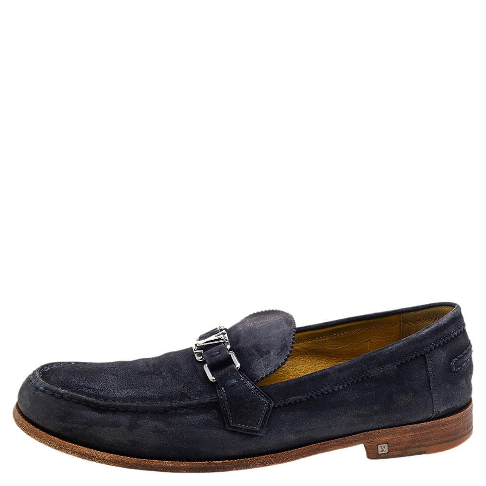 Louis Vuitton Blue Suede Major Slip On Loafers Size 45 For Sale 3