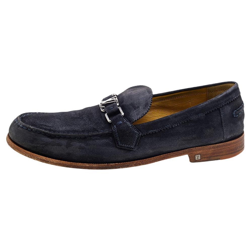 Louis Vuitton Blue Suede Major Slip On Loafers Size 45 For Sale