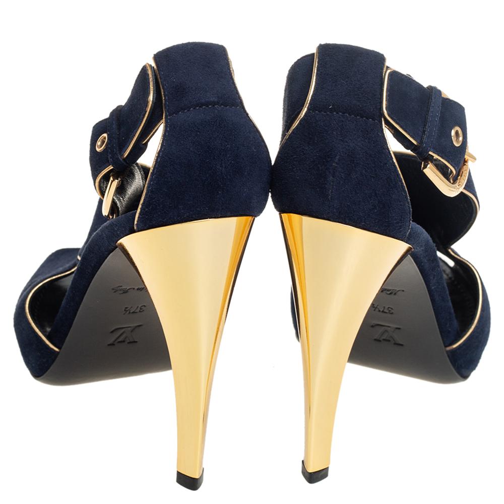 Black Louis Vuitton Blue Suede Peep Toe Sandals Size 37.5