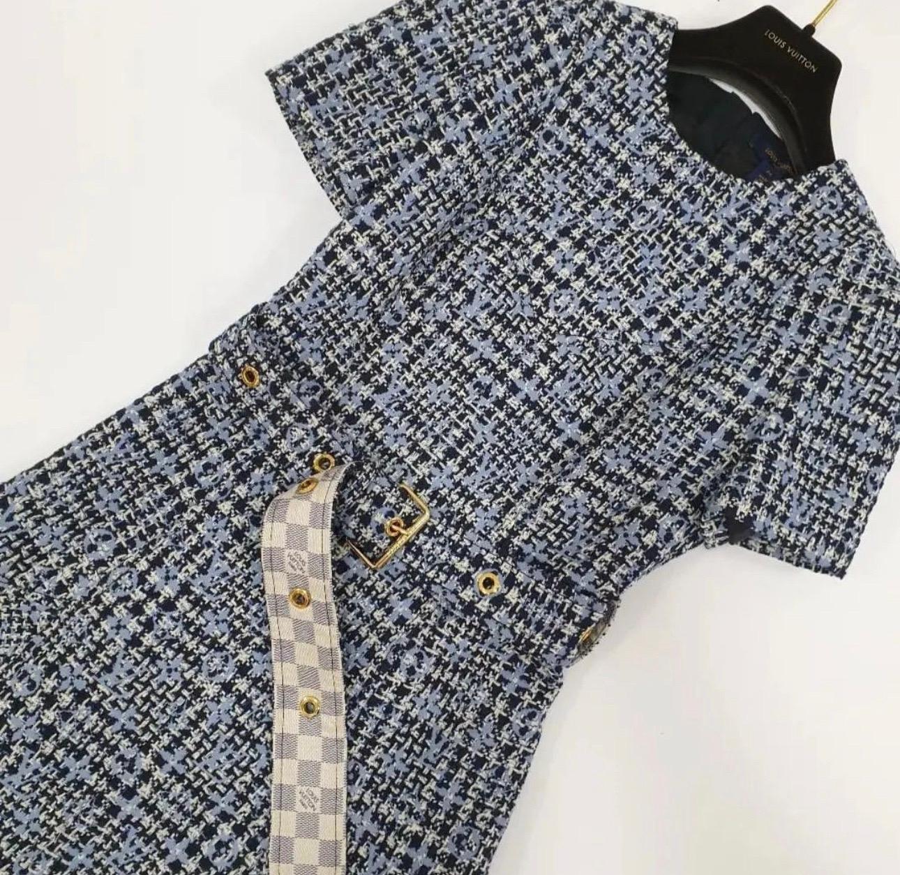 Louis Vuitton Blue Tweed Monogram Belted Dress  In Excellent Condition In Krakow, PL