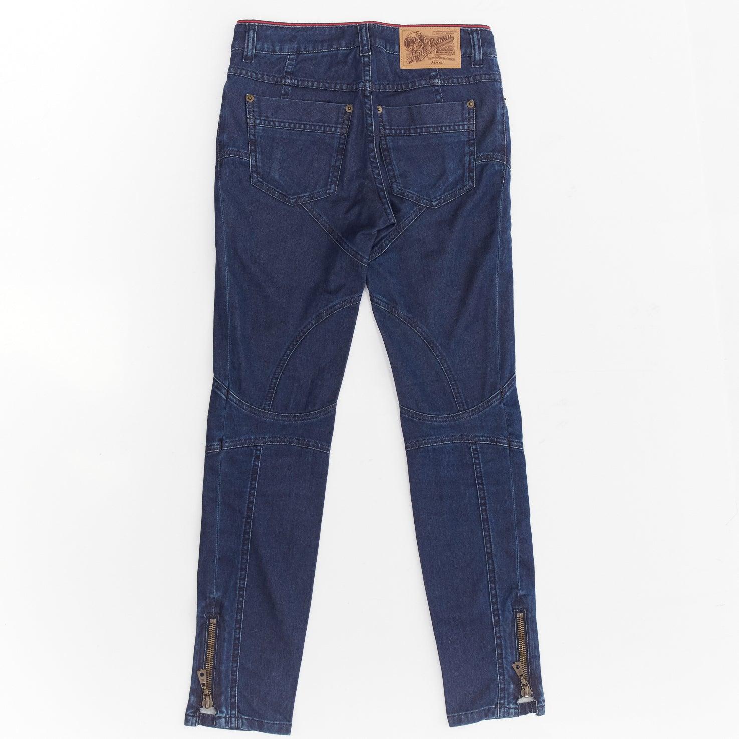 Black LOUIS VUITTON blue washed denim patchwork logo skinny motorcycle jeans FR34 XS For Sale