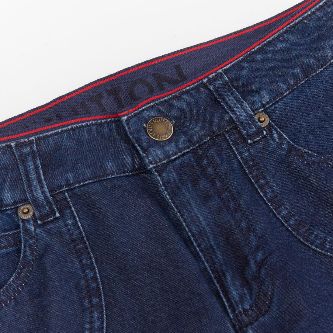 LOUIS VUITTON blue washed denim patchwork logo skinny motorcycle jeans FR34 XS In Good Condition For Sale In Hong Kong, NT