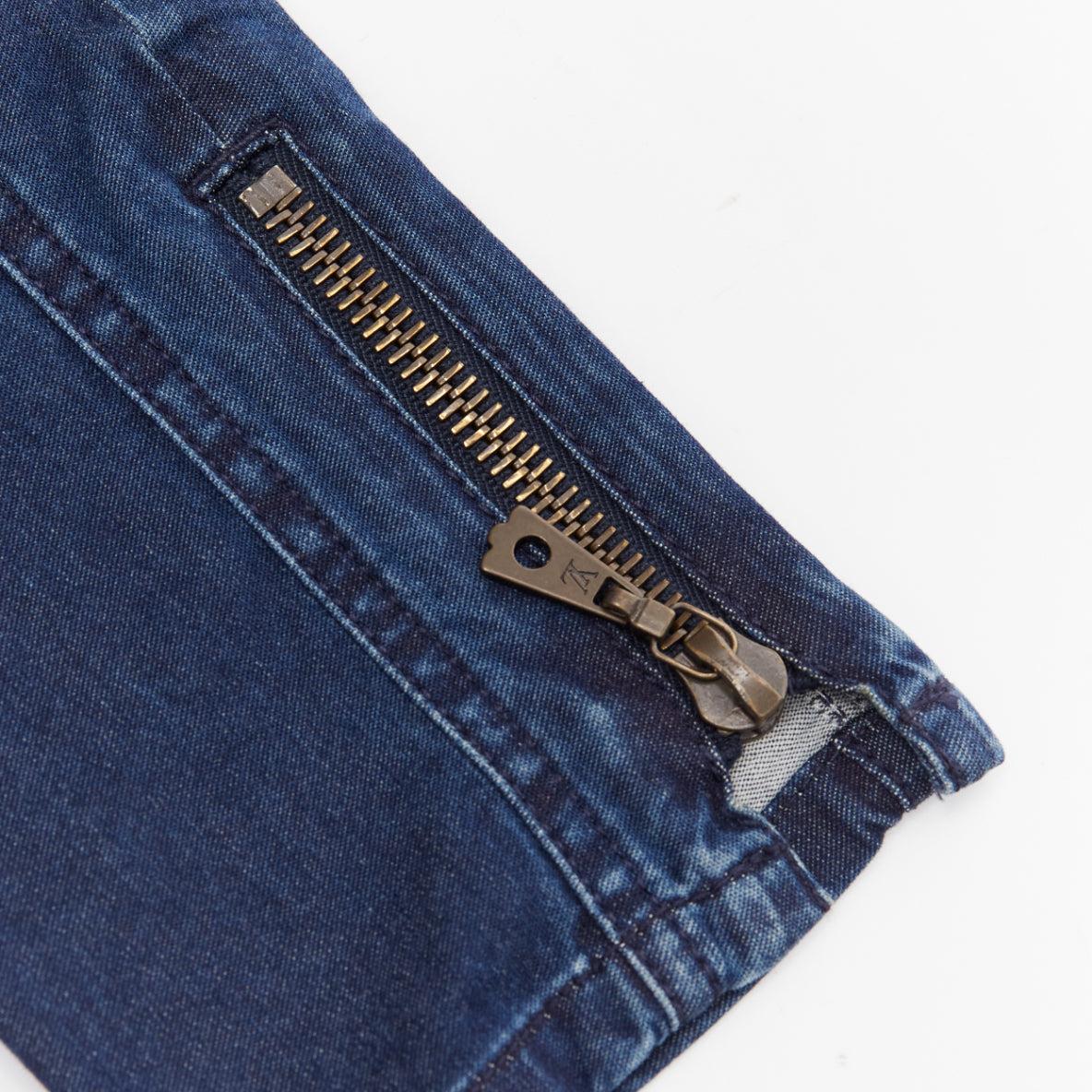 LOUIS VUITTON blue washed denim patchwork logo skinny motorcycle jeans FR34 XS For Sale 1