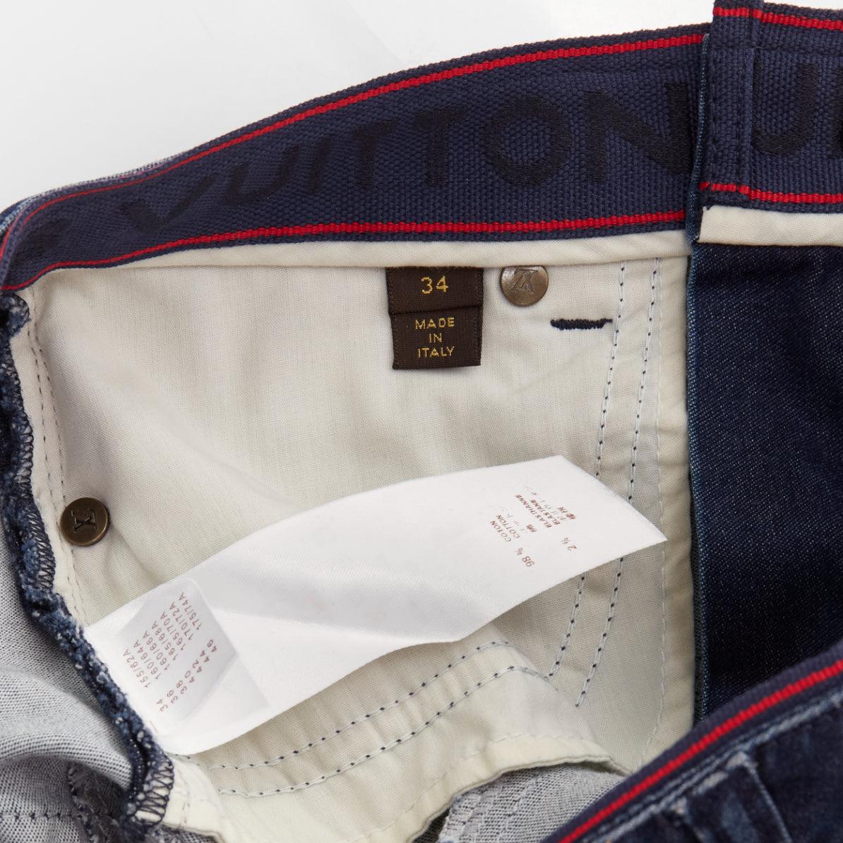 LOUIS VUITTON blue washed denim patchwork logo skinny motorcycle jeans FR34 XS For Sale 2
