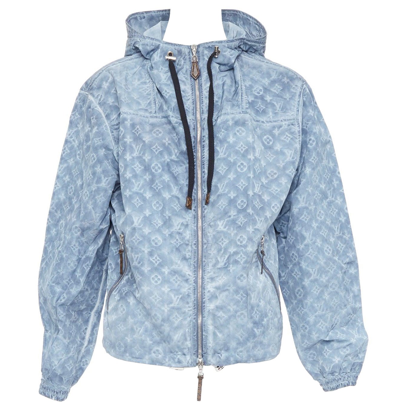 LOUIS VUITTON blue washed monogram print hooded zip anorak jacket FR38 M