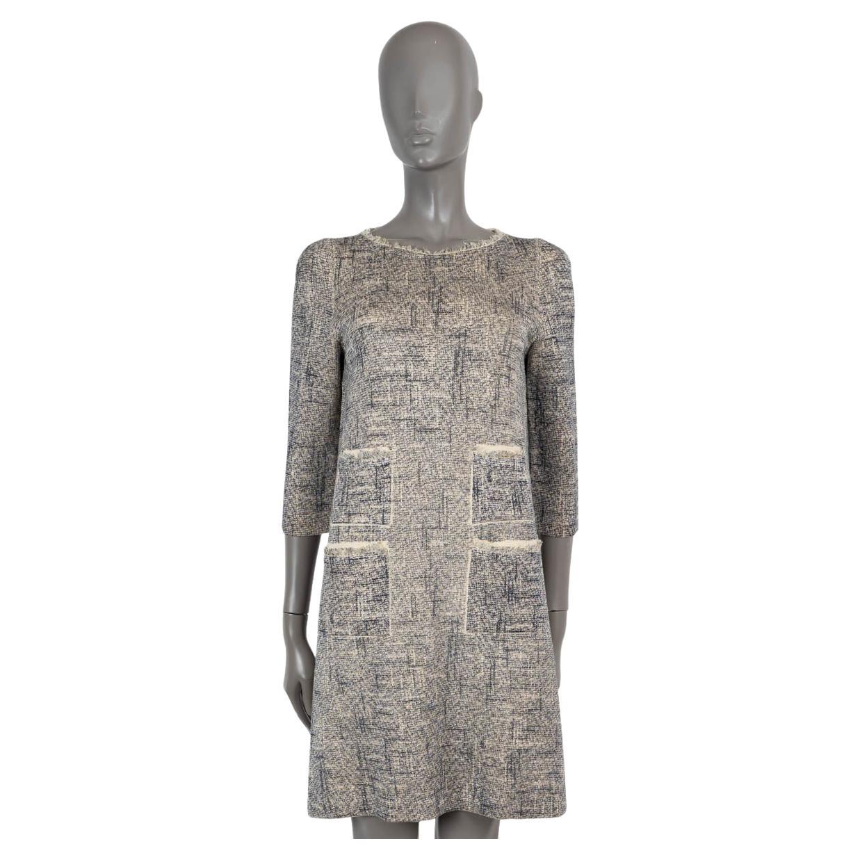 LOUIS VUITTON blue 
white cotton 2014 FRAYED KNIT Dress M