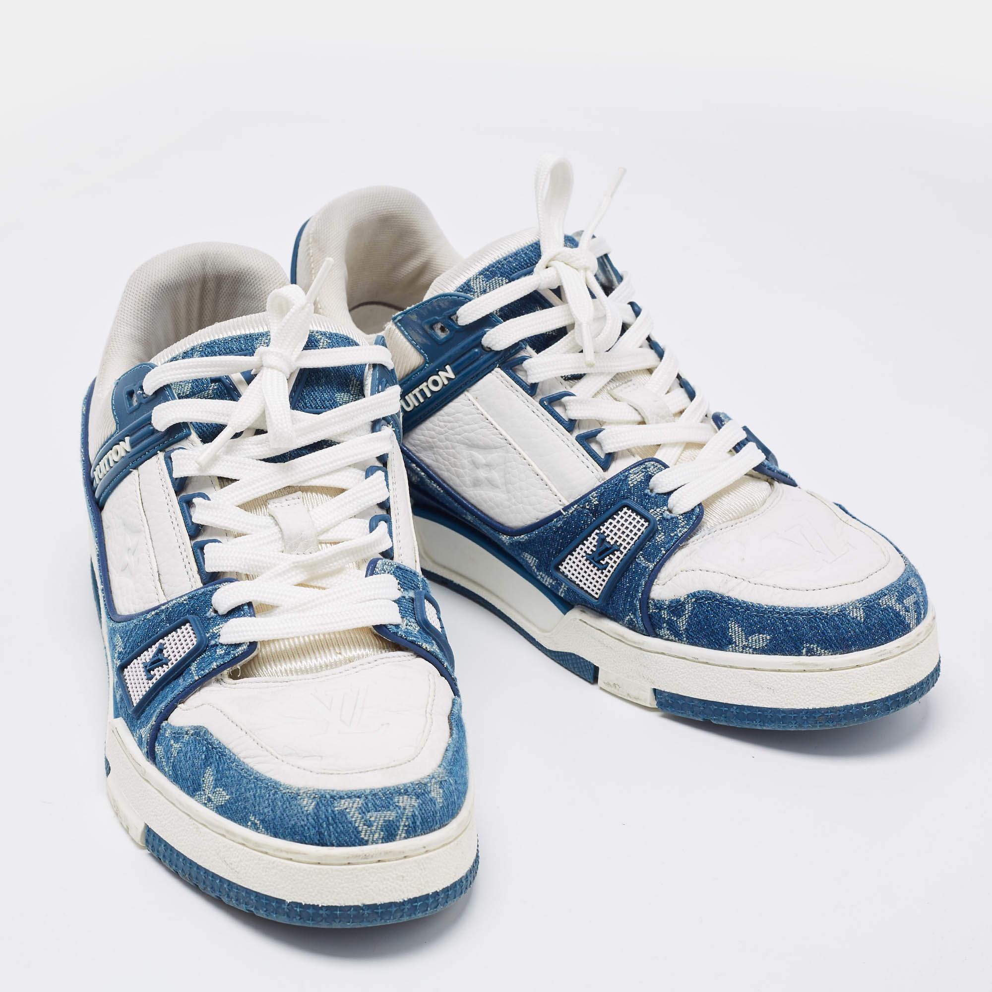 Louis Vuitton Blue/White Demin And Leather Trainer Low Top Sneakers Size 41 In Good Condition In Dubai, Al Qouz 2