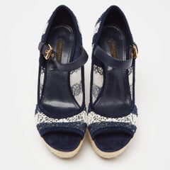 Louis Vuitton Blue/White Fabric, Suede and Mesh Open Toe Wedge Espadrille