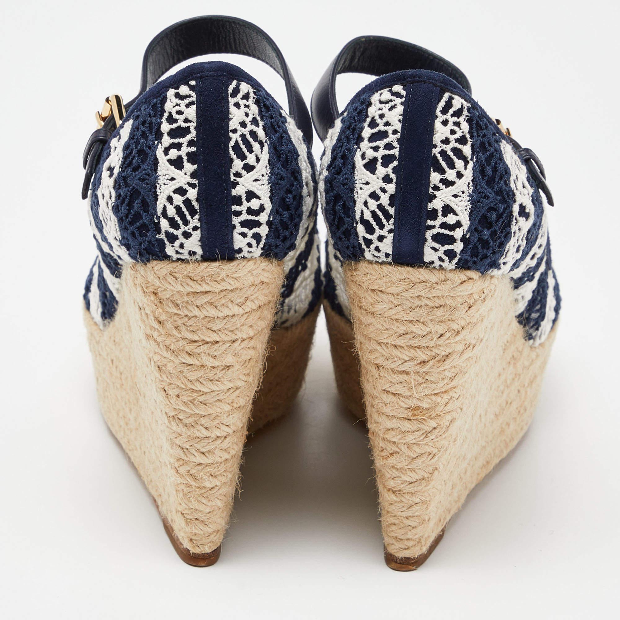 Women's Louis Vuitton Blue/White Fabric, Suede and Mesh Open Toe Wedge Espadrille  For Sale