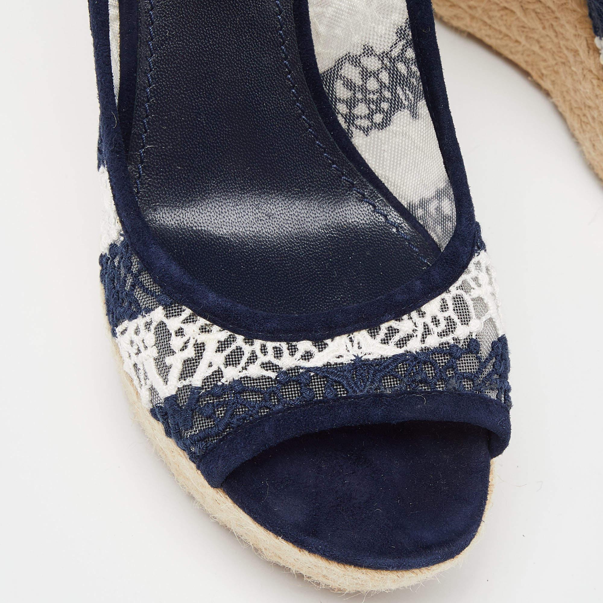 Louis Vuitton Blue/White Fabric, Suede and Mesh Open Toe Wedge Espadrille  For Sale 3