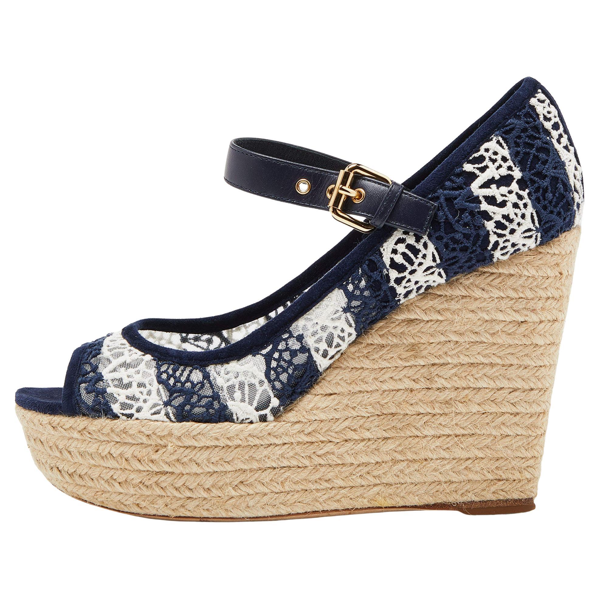 Louis Vuitton Blue/White Fabric, Suede and Mesh Open Toe Wedge Espadrille  For Sale