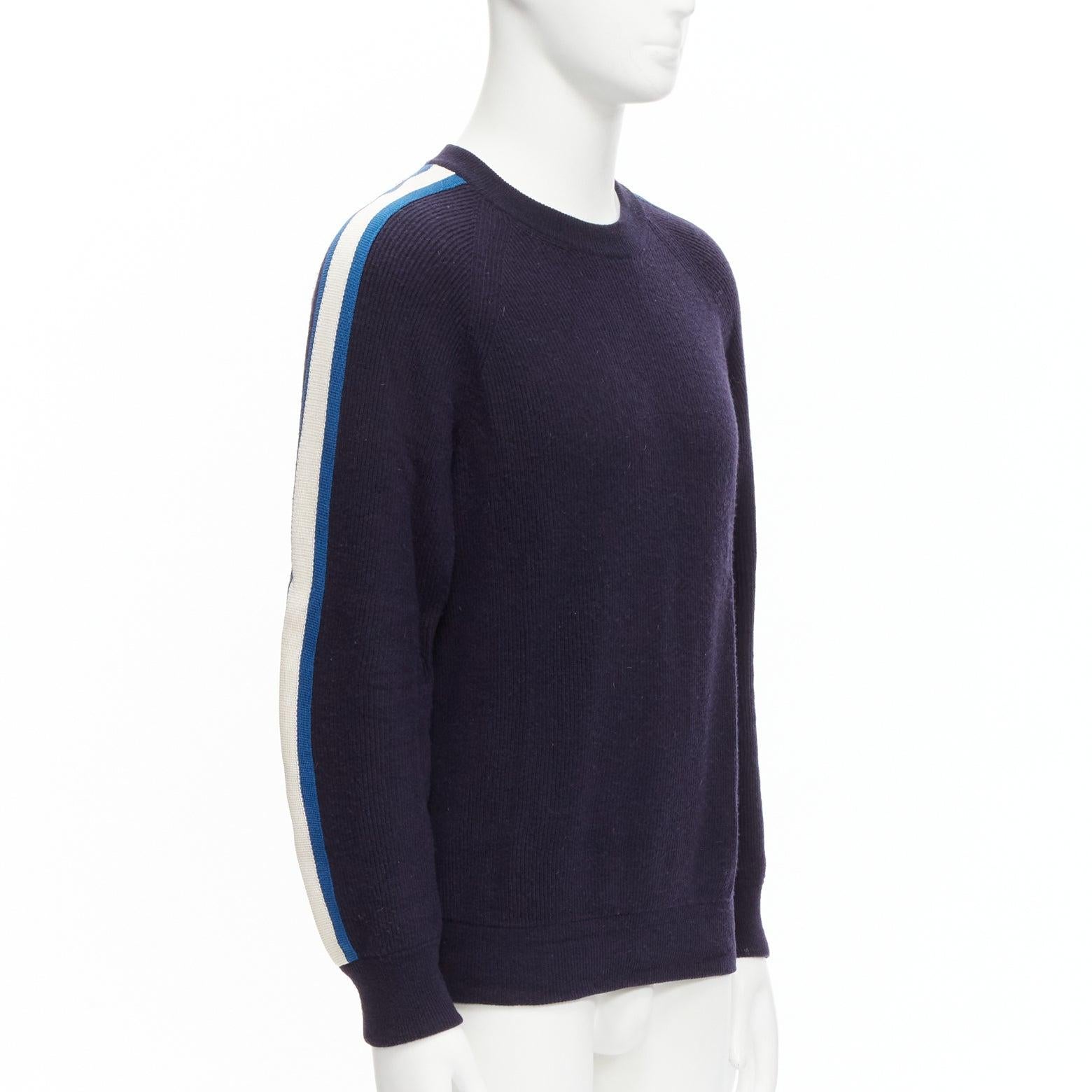 Black LOUIS VUITTON blue white LV logo trim navy wool cashmere raglan sweater M For Sale