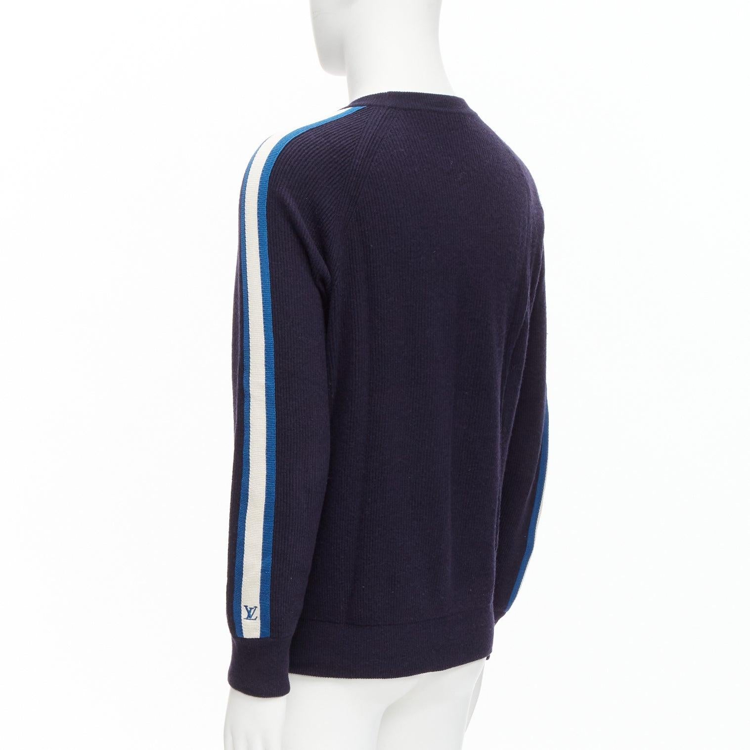 Men's LOUIS VUITTON blue white LV logo trim navy wool cashmere raglan sweater M For Sale