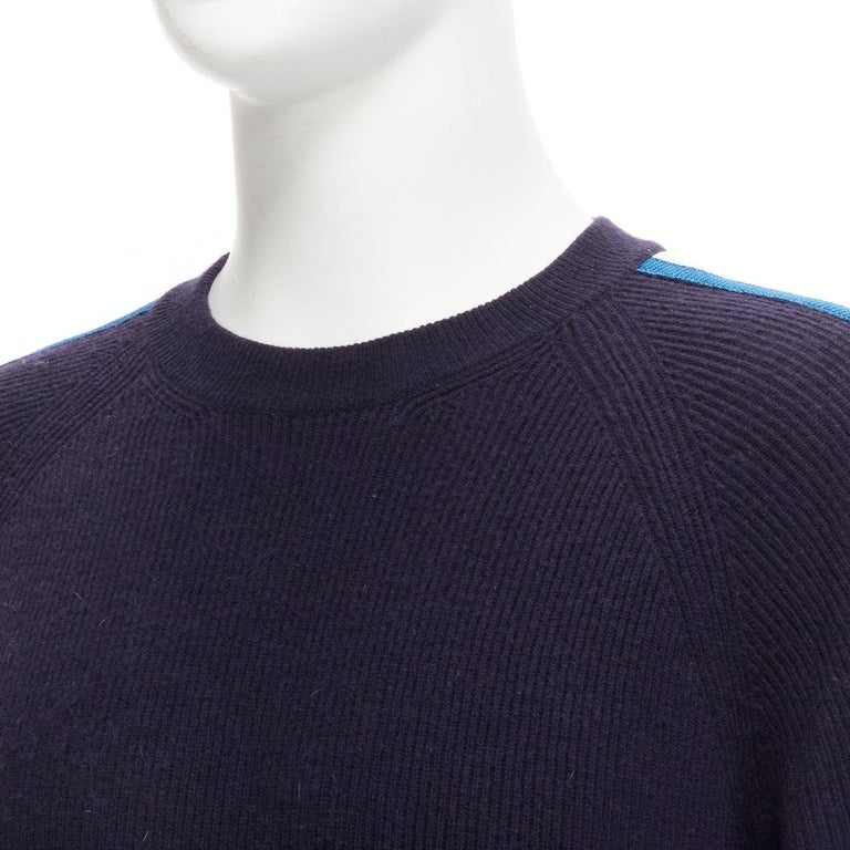 LOUIS VUITTON blue white LV logo trim navy wool cashmere raglan sweater M  For Sale at 1stDibs